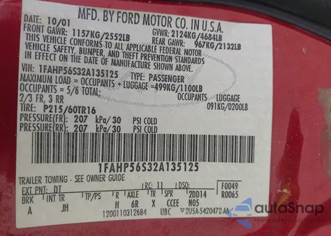 2002 Ford Taurus Sel from USA, damaged, VIN 1FAHP56S32A135125